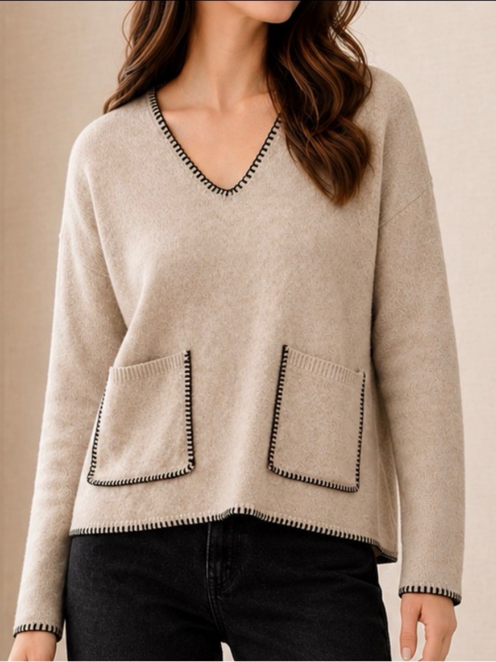 Christian Lacroix Contrast Stitch Sweater L Neutral Oversized Minimalist V Neck